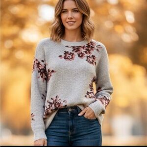 Knox Rose Floral Crewneck Sweater Oatmeal Cream Sz: M